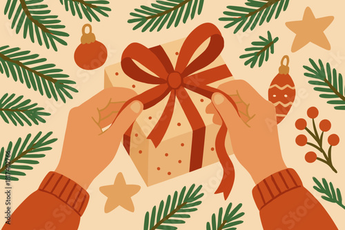 Hands loving mood vector ornaments joy pine wrapping festive branches gift illustration
