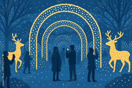 People park photos surrounded year illustration sculptures vector new luminous decor filled