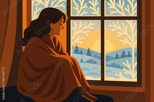 Background wrapped woman illustration winter near shawl cozy light morning frosted against