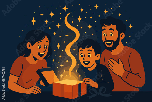 Present from surrounding sparkles vector gift opened pure emerging surprise amazed joyful