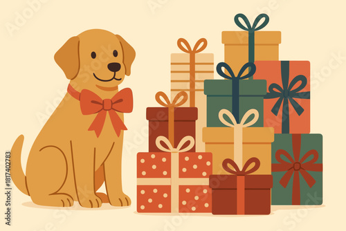 Sitting heartwarming household festive happiness moments detail vector pile beside pet illustration