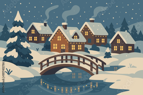 Wooden serenity vector snowy illustration crossing bridge cottages soft village snowfall decorated