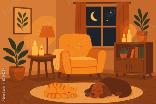 Cozy soft corner evening pets room vector resting peace retreat illustration armchair