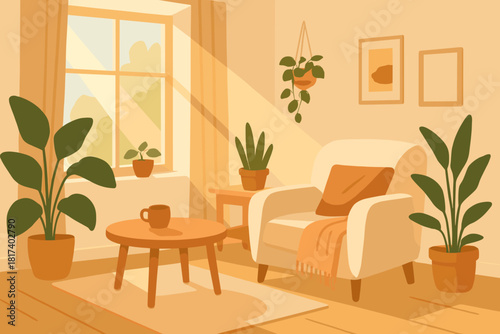 Cozy peace space textiles joyful gentle sunlight conveying illustration home vector pouring
