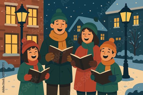 From faint windows singers festive people creating illustration welcoming snowy carol vector