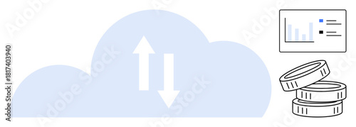 Cloud with arrows, data graph, and coins visualizing data sharing and digital economy. Ideal for technology, finance, cloud computing, analytics, economy growth, innovation simple flat metaphor