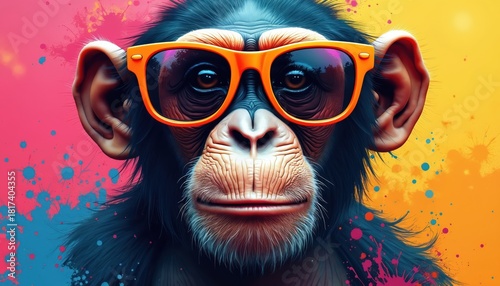 Cool chimpanzee wears stylish orange glasses. Funny monkey with bright splatter art background. Portrait of primate in modern design. Creative animal illustration perfect for prints, cards kids