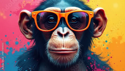 Obraz Cool chimpanzee wears stylish orange glasses. Funny monkey with bright splatter art background. Portrait of primate in modern design. Creative animal illustration perfect for prints, cards kids
