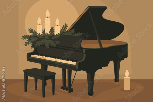 Serenity vector evergreen glowing creating grand softly mood festive piano illustration room
