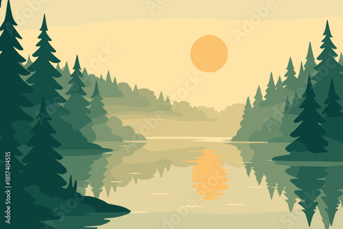 Mist rising lakeside surface sunrise vector pine still illustration tranquil reflecting golden