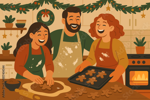 Illustration friends radiating glowing vector aprons decorated laughter baking kitchen moments across