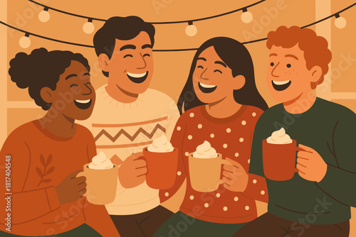 Together gathering laughter string illustration lights joyful celebrating festive vector overhead group