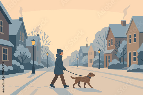 Above rooftops walking away walk vector gentle snowy pale sky illustration dawn