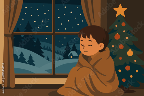 Snowy cozy sitting illustration face tree morning peaceful wrapped vector softly christmas