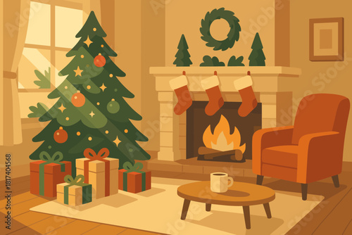 Room cheer bliss sparkles filled catching morning vector calm scene warm christmas