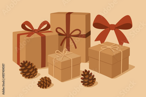 Pinecones natural aesthetic creating life festive yet gift minimal ribbon illustration vector