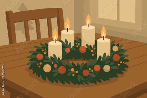 Vector table subtle illustration wreath ornaments simplicity small atmosphere candles christmas decorated