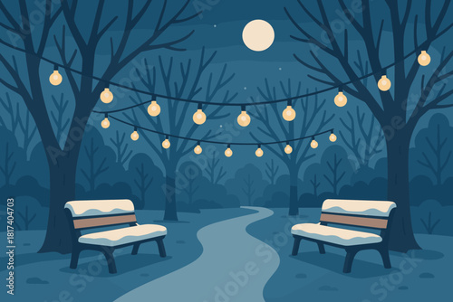 Enchanted illuminated vector snow atmosphere bulbs benches winter illustration park under