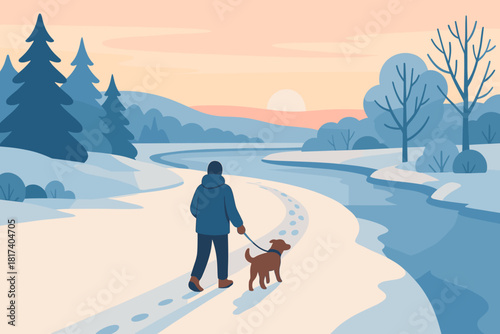 Footprints quiet winter vector along frozen softly illustration stroll horizon river pastel