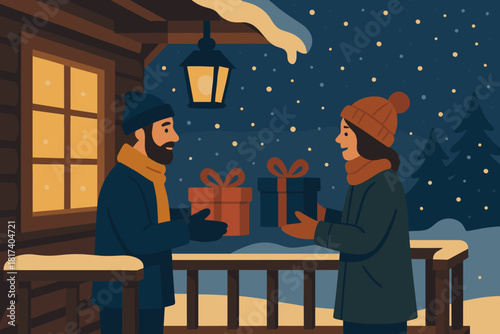 Snowy illustration view softly night neighbors exchange hand porch gift each vector