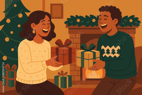 Exchange laughter holiday near vector fireplace warm light glowing cozy wrapped presents