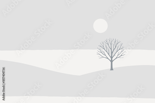 Vector tranquility minimalist calm single tree pure view snowy balance illustration hill