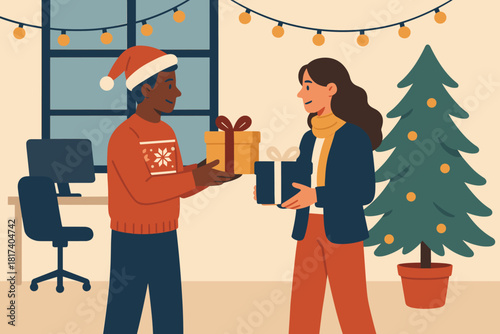 Festive vector fir illustration gift modern coworkers exchange tree winter fairy potted