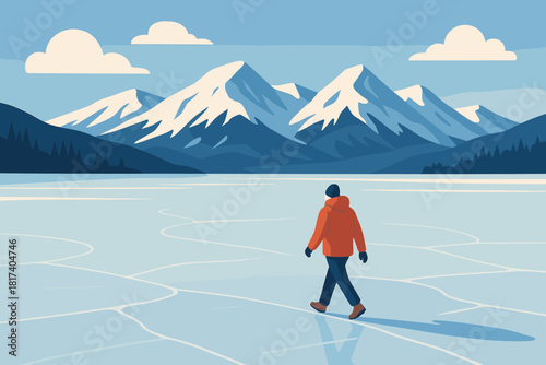 Beyond vector evoking winter tranquility mountains walking vast walk illustration person serenity