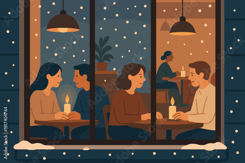 Illustration golden snowfall enjoying caf calm candles window vector cozy inside snow