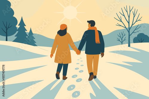 Illustration vector romance under behind peace walking romantic stroll snowy scene radiating
