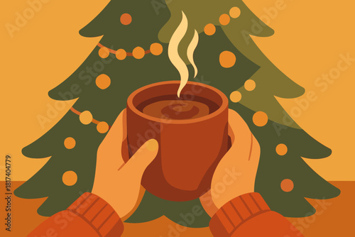 Vector lights tree holding near steaming minimal expressed cocoa bliss illustration christmas