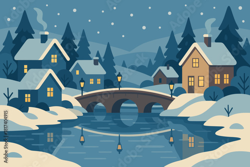 Bridge depth river lanterns calmness village vector illustration running snowy scenery to