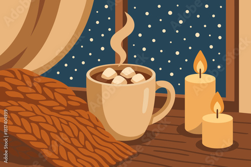 Cocoa marshmallows vector comfort beside cozy scene illustration window glow snowfall knitted