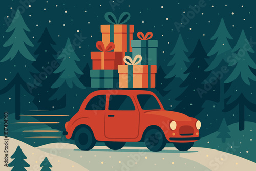 Driving illustration loaded car adventure vector forest capturing motion festive