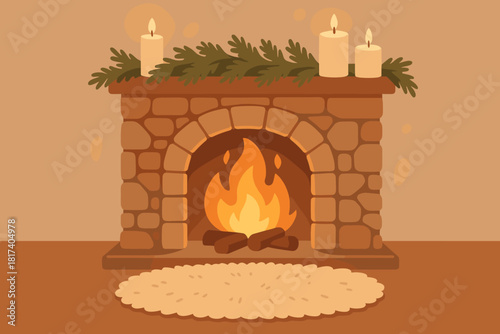 Soft scene gentle glowing illustration cozy candles fireplace stone vector mantel rug