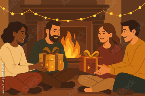 Exchange illustration connection lights vector holiday paper friends warm gifts near fireplace