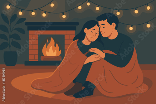 Lights them illustration quiet fireplace moments atmosphere sitting couple glowing cozy vector