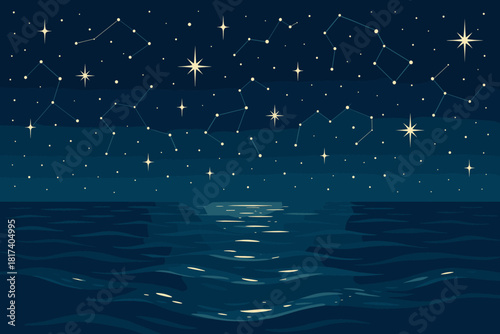 Ocean illuminated starry illustration constellations waves vector poetic night gentle reflection reflecting