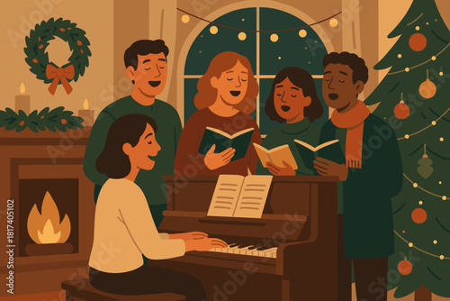 Piano faces festive illustration decorations vector softly carols gathering illuminating warm singing