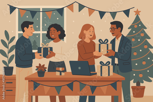 Exchange desk sharing cozy tones gift office vector scene balanced near festive