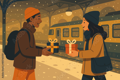 Friends gifts station exchange before vector gift snowy gentle illuminated platform illustration