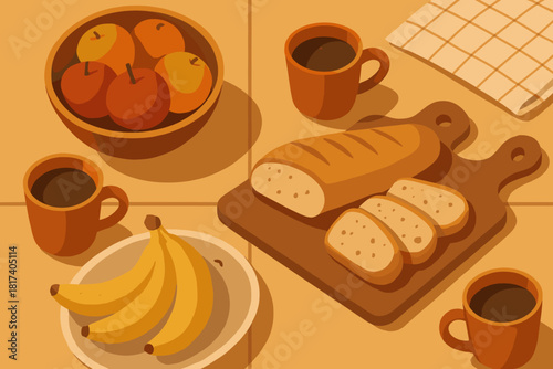 Cozy homely vector kitchen fruits countertop illustration textures bread coffee warm shadows