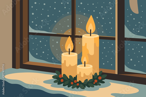 Glass cozy small shadow illustration vector wreath candlelit snowy golden light windowsill