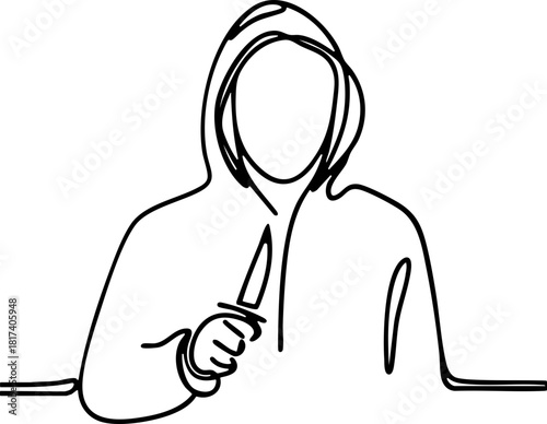  Threatening hooded figure wielding a knife is dangerous. Threatening hooded figure in outline with knife, concept of violence, menace and terror, evokes fear.