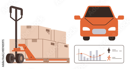 Pallet jack carrying cardboard boxes, orange car for transport, analytics chart symbolizing logistics, delivery, inventory, supply chain, shipping, data analysis, and efficiency in simple flat
