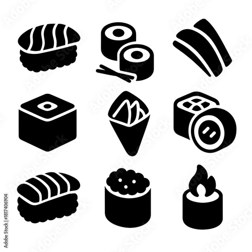 Black silhouette icons of diverse sushi and japanese cuisine dishes on gray background