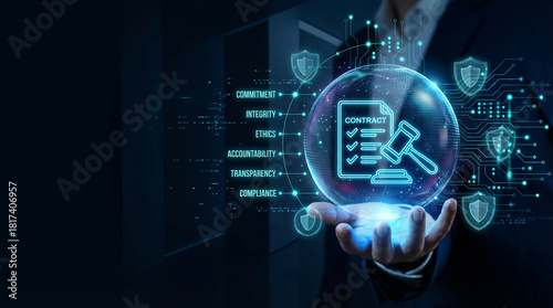 Legal technology and business ethics concept with a digital contract and gavel for corporate compliance and accountability