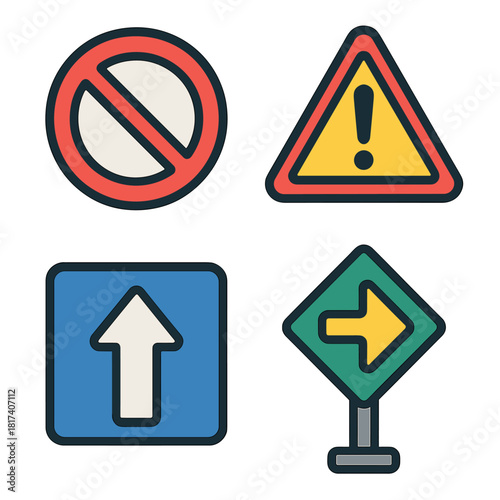 Colorful warning and directional traffic signs collection