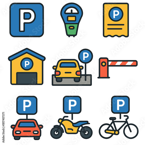 Urban parking icons: car, bike, payment, and garage symbols for transportation design