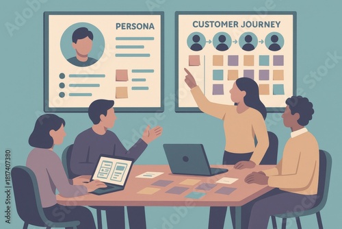 Collaborative Strategy Session on Customer Journey Mapping and Persona Development in a Modern Workspace for Effective Marketing Solutions captured with clarity